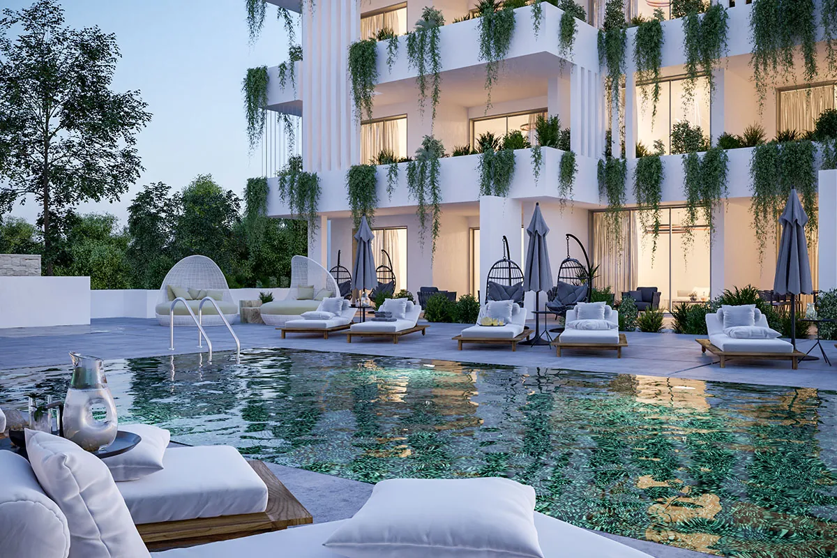 Apartment residence with pool terrace at night